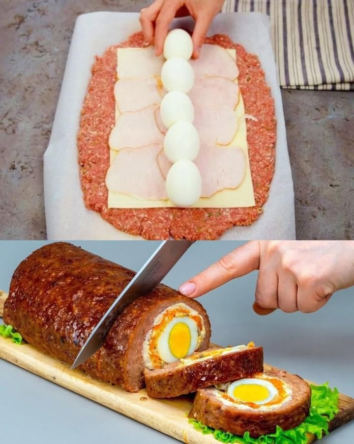 Rollo hecho de carne picada y relleno de huevos cocidos, horneado en papel de aluminio en el horno